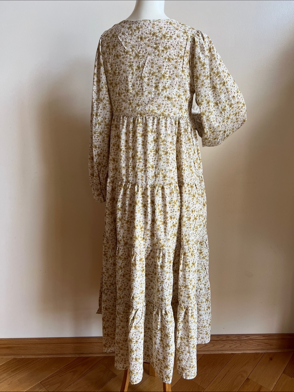 in loom Tiered Yellow Floral Maxi Dress with Button Yoke balloon sleeve cottage - Picture 5 of 8
